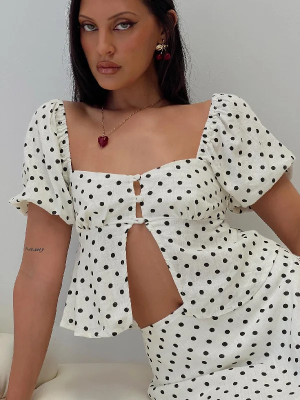 Comfortable Women's Clothes Find Your Unique Flair Passionfruit Linen Blend Top Cream/Black Polka Dot