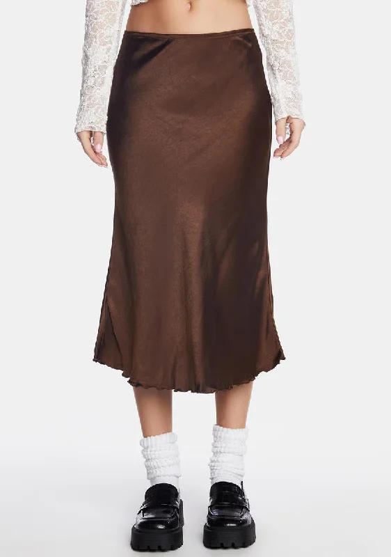 Women's Comfortable Apparel Affordable Trendy Fashion Chocolate Goya Satin Midi Skirt