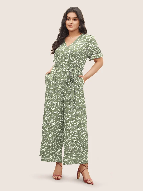 Comfortable Women's Apparel Fashionable Comfort Promotions Ditsy Floral Wrap Belted Gathered Jumpsuit