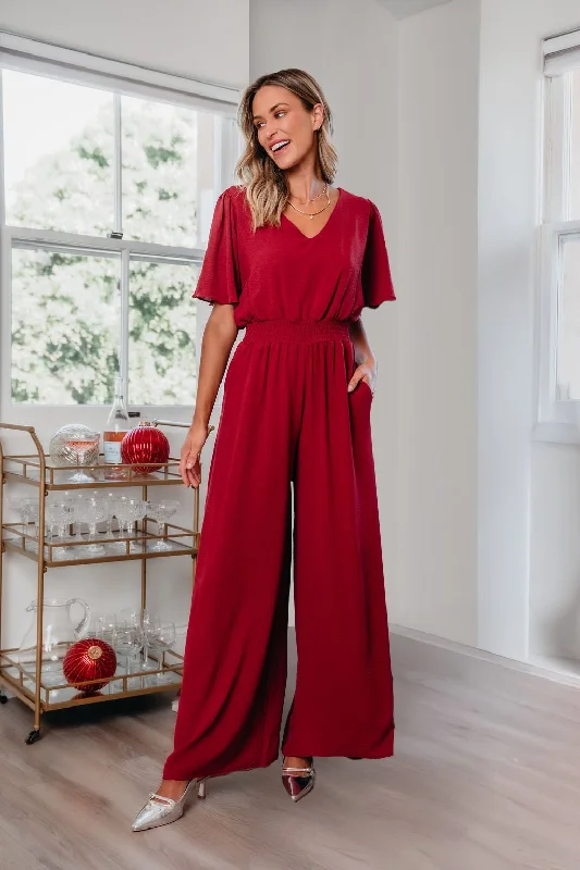 Women's Evening Clothes Classy Style Discounts Red Smocked Wide Leg Jumpsuit