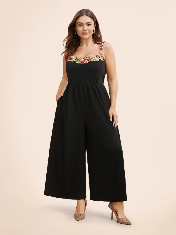 Women's Elegant Clothing Sets Comfortable Chic Heart Neckline Floral Embroidered Trim Jumpsuit