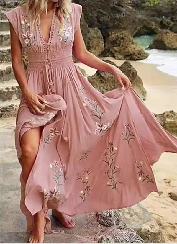 Women's High-Fashion Apparel Everyday Elegance Sale DressBetty - 2024 Elegant Boho Floral Print Long Dress V Neck Boho Dress