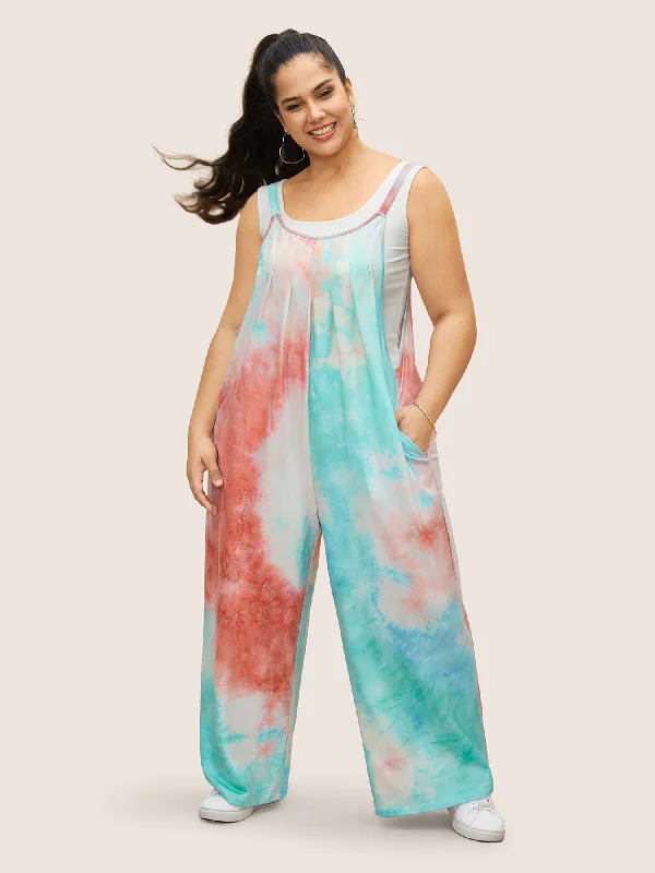 Women's Clothing With Trendy Designs Chic And Edgy U Neck Tie Dye Pocket Pleated Jumpsuit