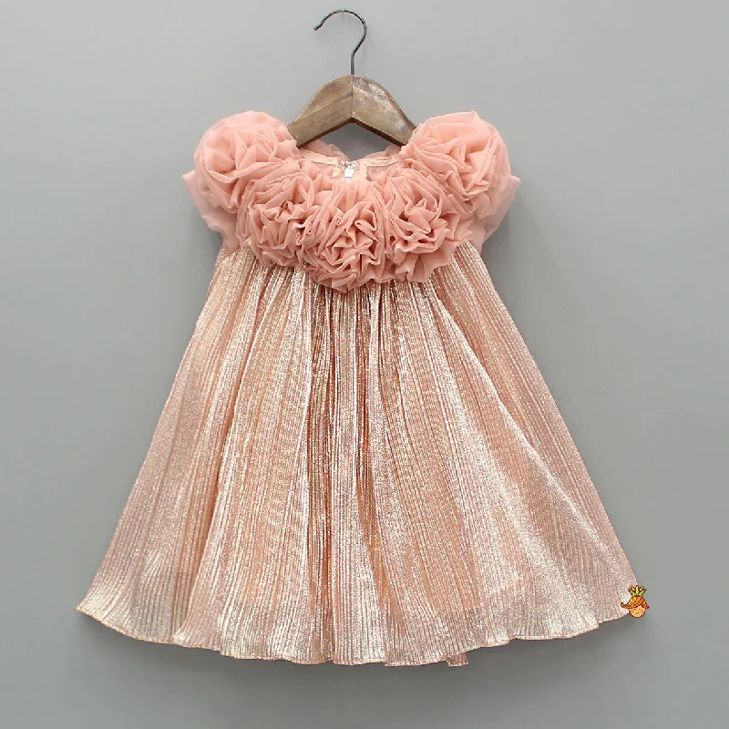 Women's Everyday Attire Seasonal Trends Shimmery And Ruffle Frilled Rose Flowers Adorned Dress