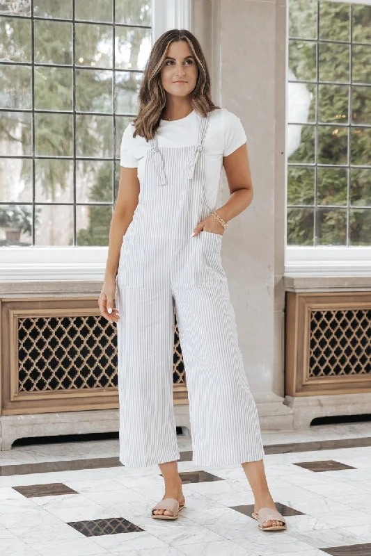 Women's Formal Event Clothing Special Offers Taupe Stripe Linen Jumpsuit