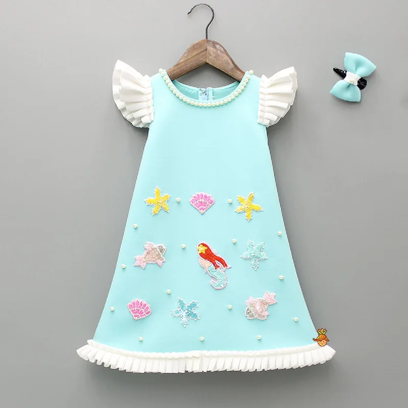 Women's Transitional Attire Vintage-Inspired Style Offers Ocean Themed Blue Dress With Hairclip