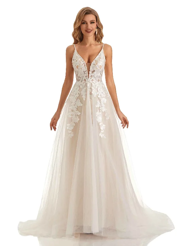 Women's Elegant Evening Outfit Relaxed Style Deals Elegant Spaghetti Straps Lace Applique A-line Wedding Dresses Online