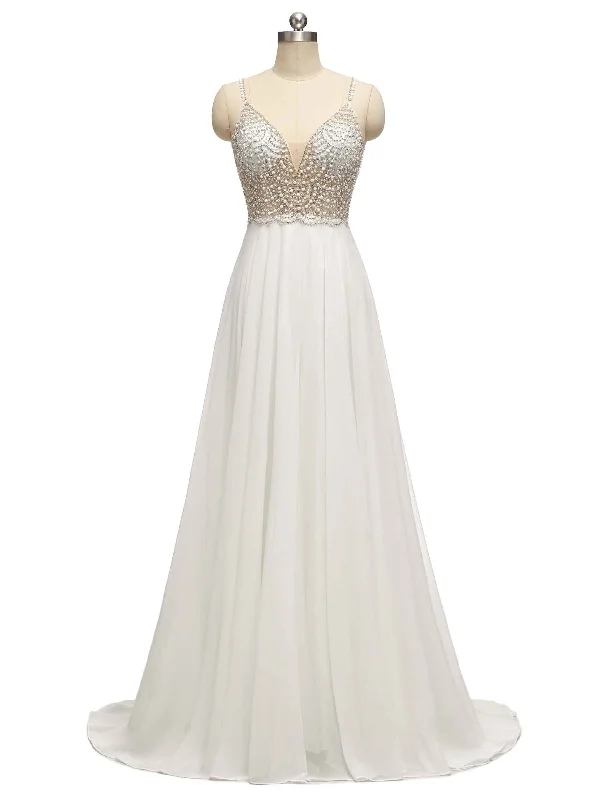 Women's Casual Attire Vintage-Modern Style Offers Eleagnt A-line Spaghetti Straps Sparkly Beaded Beach Wedding Dresses Online