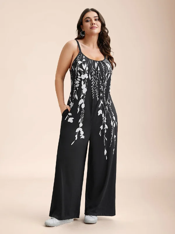 Women's Clothing Apparel Sets Limited Time Offers Floral Print Cami Pockets Straight-Leg Jumpsuit