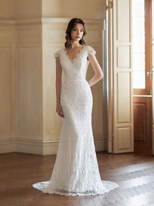 Women's Formal Apparel Top Deals Sexy Mermaid Open Back V-neck Maxi Long Lace Wedding Dresses Online