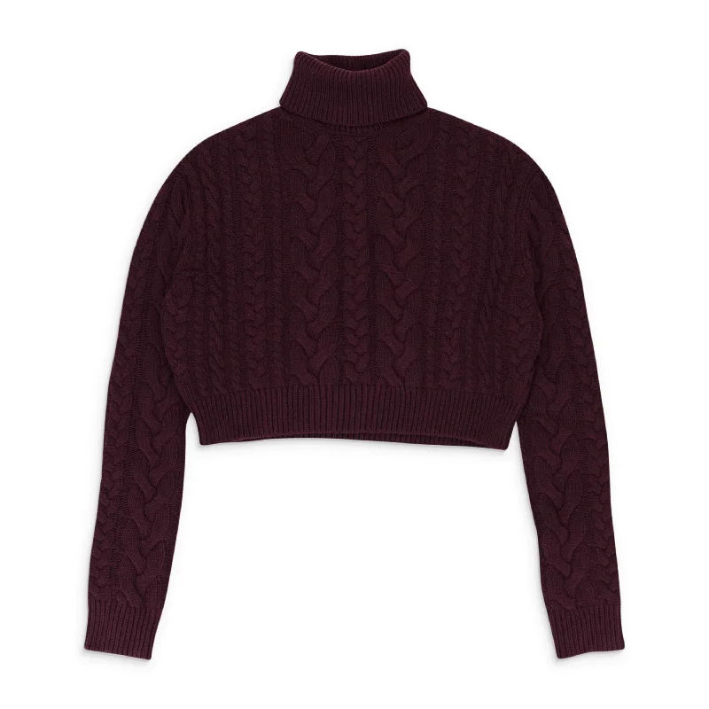 Women's Sports Apparel Hot Trends CABLE KNIT BURGUNDY TURTLENECK SWEATER