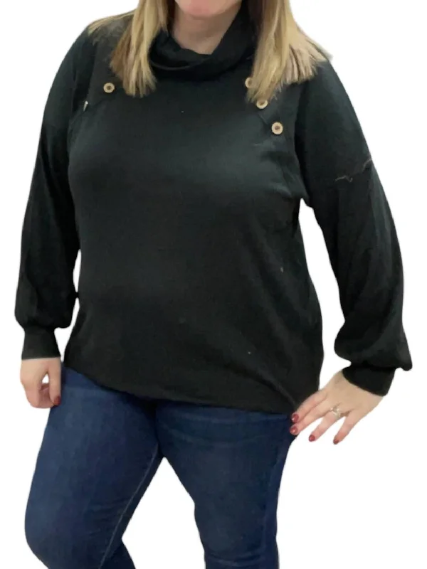 Women's Plus-Size Apparel Elegant Style Cowlneck Faux Button Sweater In Black