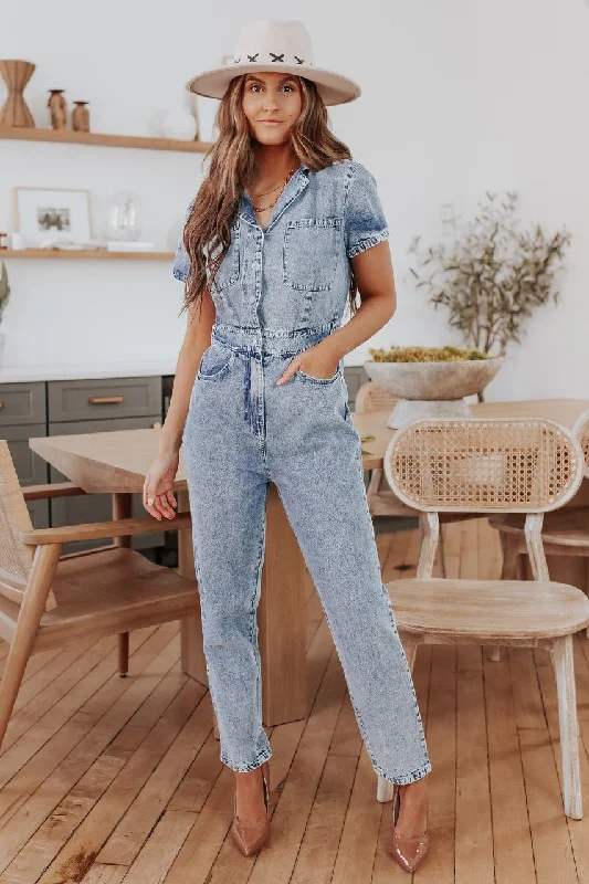 Women's Casual Clothing For Lounging Season Offer Short Sleeve Medium Wash Jean Jumpsuit - FINAL SALE