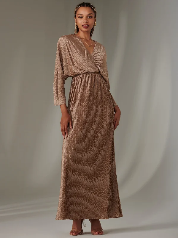 Women's Transitional Garments Fashion Sale Ruffle Hem Textured Jersey Maxi Dress, Bronze