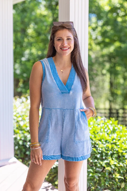 Women's Apparel Casual Yet Chic Sales Lakeside Chic Blue Knit Romper