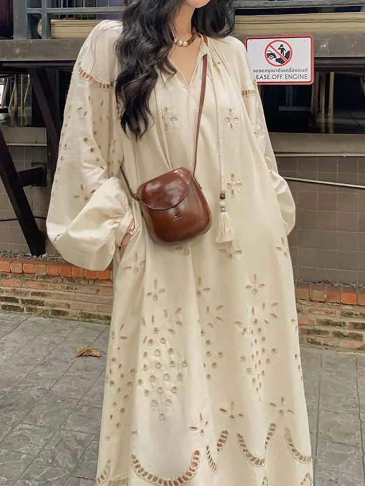 Women's Holiday Clothes Flash Sale Fever DressBetty - 2024 Korean Style Vintage Long Sleeve V-Neck Boho Hollow Out Maxi Dress