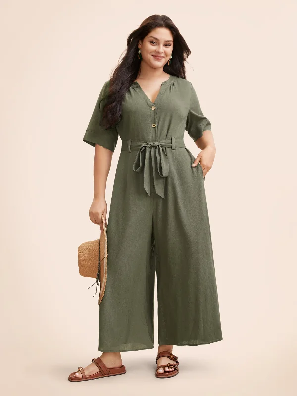 Women's Clothing And Garments Sets Fresh Fashion Discounts Cotton Linen Button Up Belted Jumpsuit