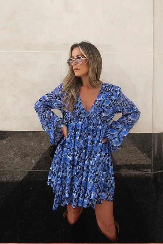 Women's Outerwear Garments Fashion Essentials Blue Floral Chiffon Romper - FINAL SALE