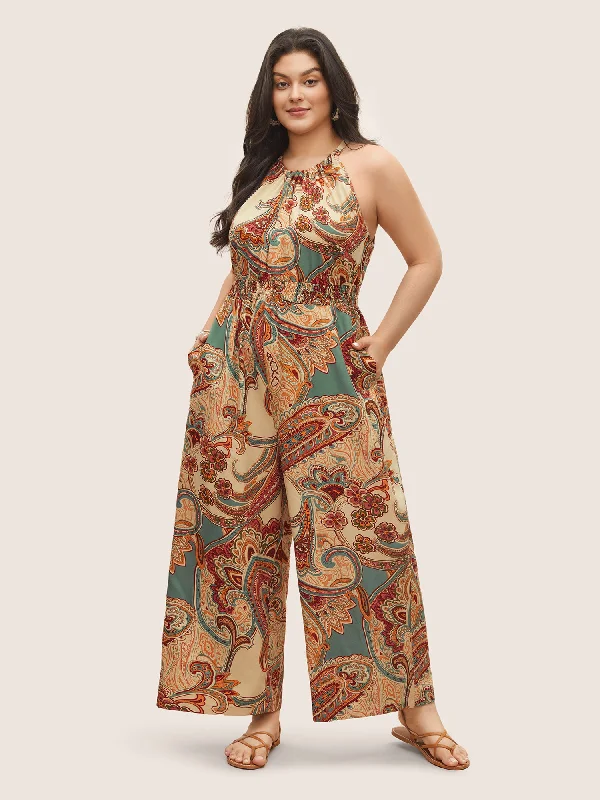 Women's Seasonal Clothes Holiday Attire Sale Paisley Print Halter Shirred Elastic Waist Jumpsuit