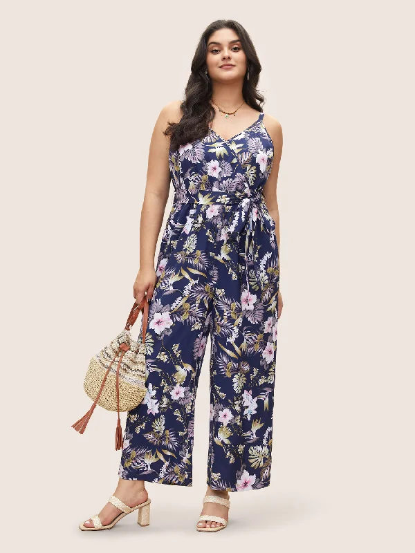 Women's Holiday Attire Exclusive Fashion Deals Floral Belted Pocket Wrap Cami Jumpsuit