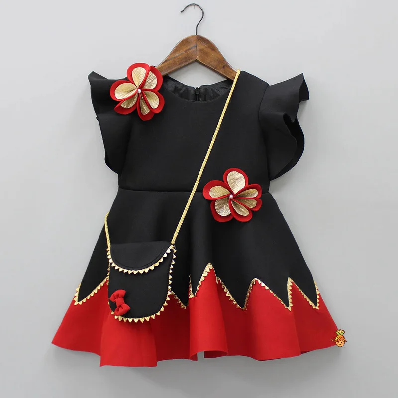 Stylish Clothes For Women Special Offers Pearly Flower Embellished Black Fancy Dress With Sling Bag