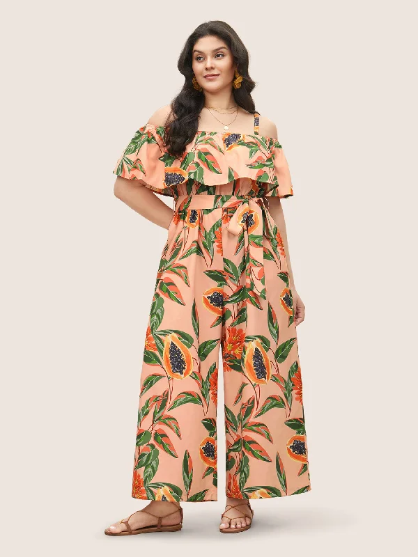 Women's Outfit Get The Latest Trends Citrus Fruit Print Belted Ruffle Trim Jumpsuit