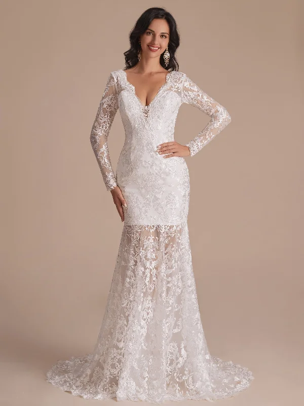 Women's Professional Garments Unbeatable Prices Long Sleeves V-neck Mermaid Backless Lace Wedding Dresses