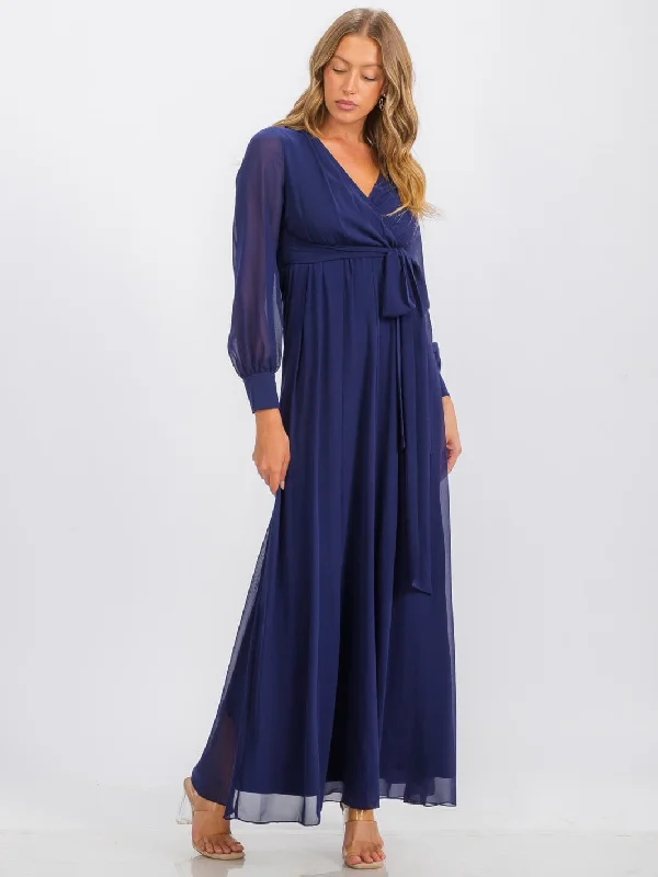 Women's Elegant Evening Outfit Crazy Price Slashing WOMEN'S LONG SLEEVE SURPLICE SELF TIE MAXI DRESS