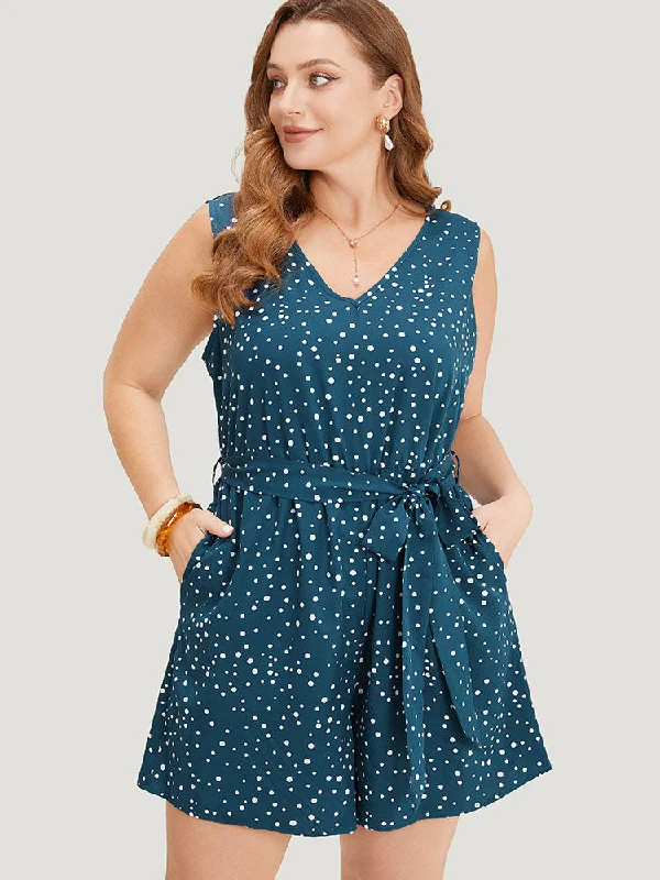 Women's Night-Out Clothes Limited Time Flash Sale Polka Dot V Neck Pocket Sleeveless Belted Romper