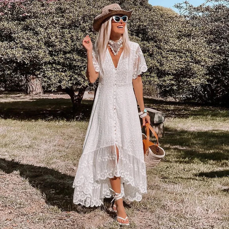 Women's Clothing Apparel Sets Daring Fashion Promotions DressBetty - 2024 Bohemian Spaghetti Strap Floral Lace Beach Maxi Dress