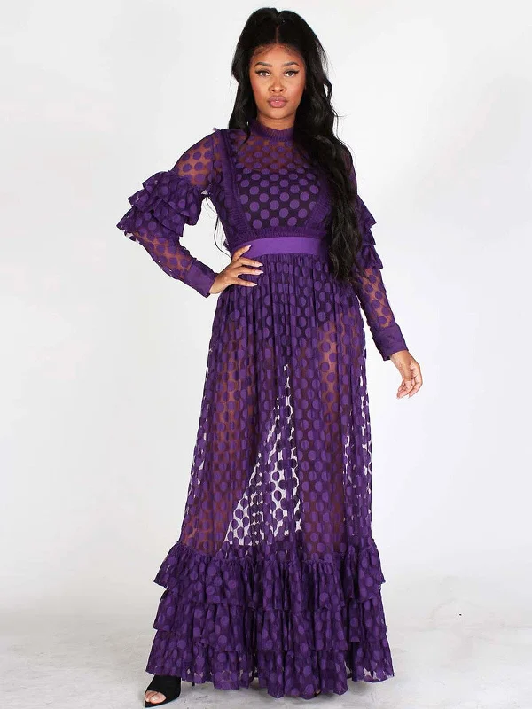 Women's Versatile Apparel Modern Fashion Sale WOMEN'S LONG SLEEVES RUFFLE MESH ALL OVER LACE MAXI GOWN DRESS