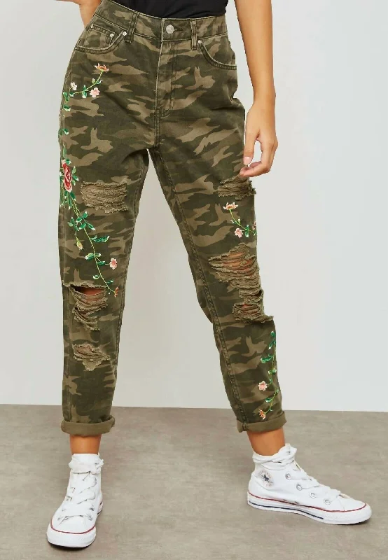 Women's Office Attire Sustainable Fashion Extravaganza High Rise Camo Print Floral Embroidery Ripped Mom Jeans In Multicolor