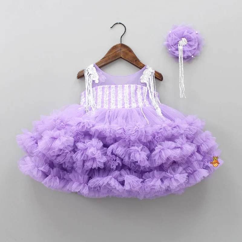 Women's Evening Clothes Shop Sale Items Lavender Ruffle And Sequin Dress With Hair Clip