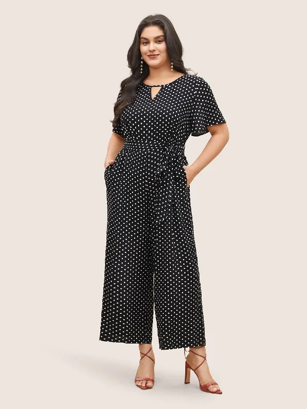 Affordable Women's Garments Premium Style Polka Dot Cut Out Zipper Belted Jumpsuit