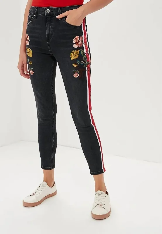 Affordable Fashion Clothing For Women Refined Fashion Sale Moto Stripe Floral Embroidery High Rise Skinny Jeans In Multicolor