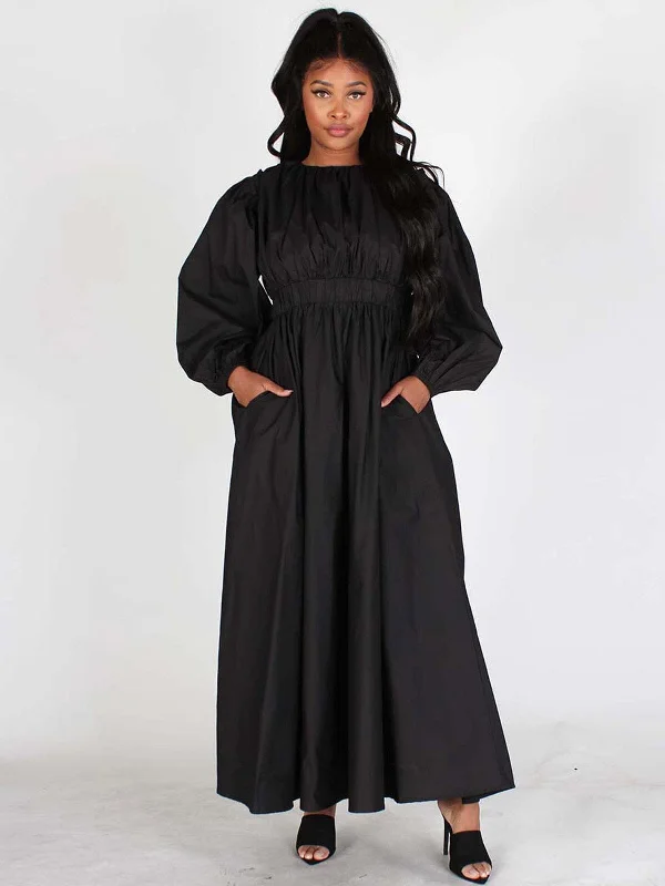 Fashionable Women's Casual Apparel Elegant Fashion Offers WOMEN'S REMOVABLE SLEEVES ELASTIC WAIST FRONT POCKETS MAXI DRESS