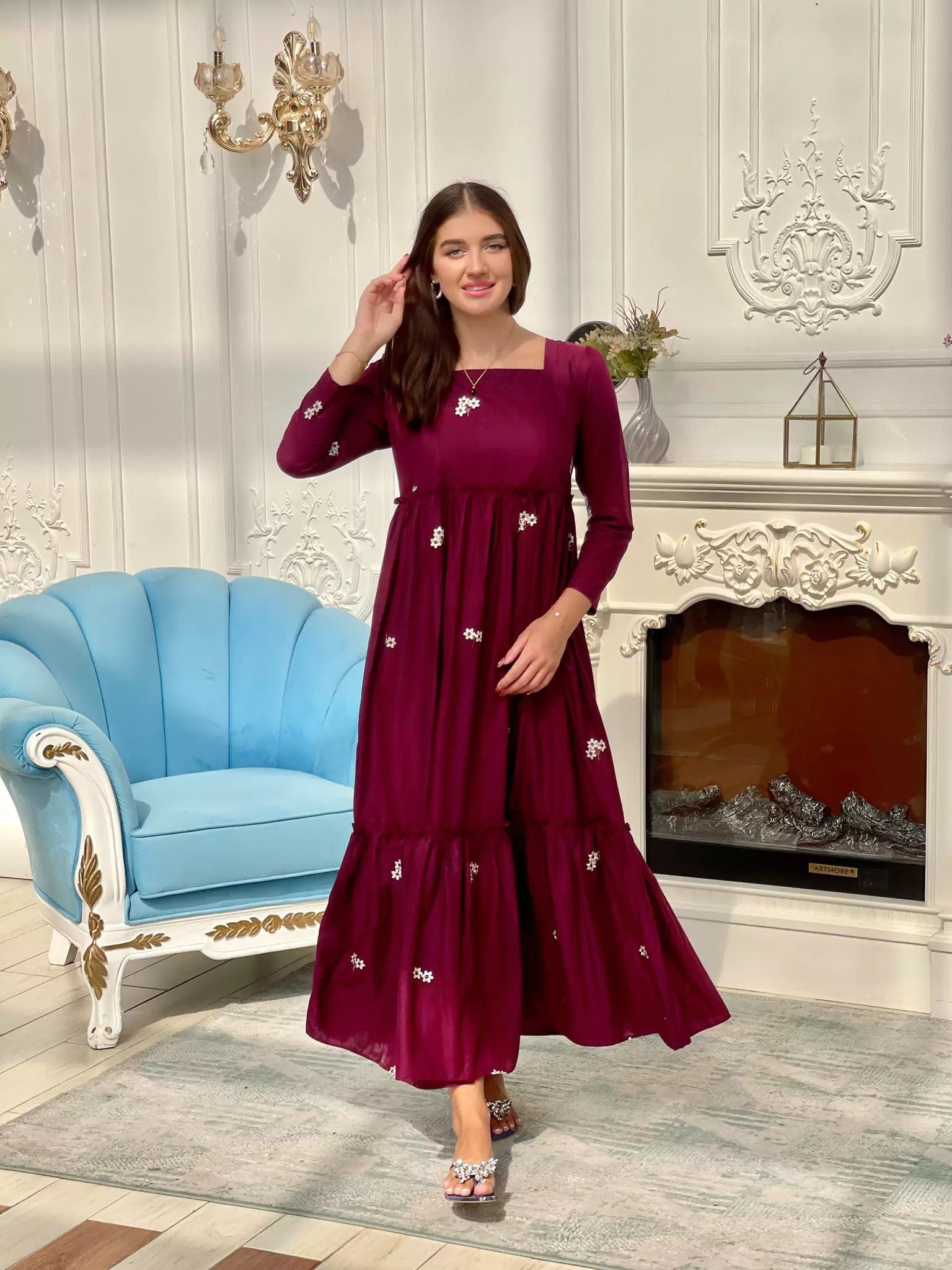 Women's Luxury Garments Cool Prices Nova Maroon Embroidered Dress