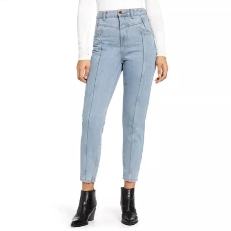 Women's Elegant Evening Attire Season Offer Yoke Bleach High Rise Light Wash Mom Jeans In Blue