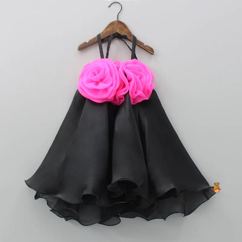 Formal Clothing For Women Step Ahead, Lead The Trend Flower Enhanced Halter Neck Flared Black Dress