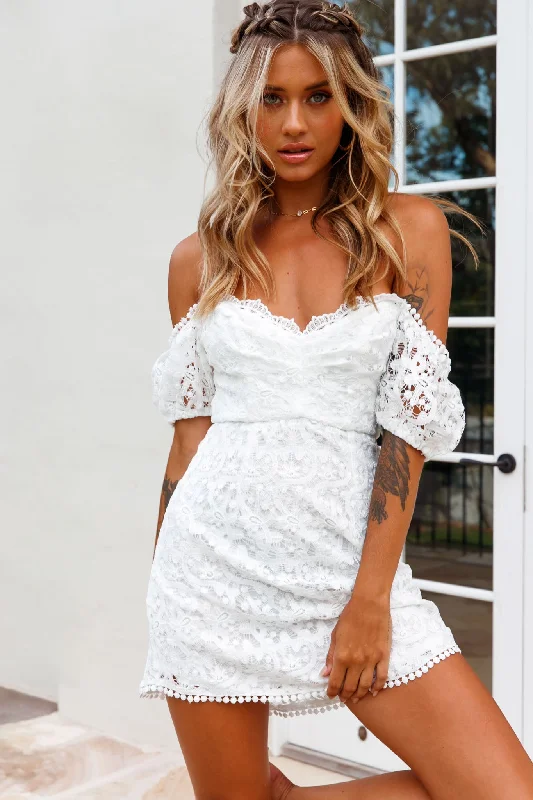 Women's Clothing For Travel Unleash Your Style Costa Mesa Puff Sleeve Lace Overlay Dress White