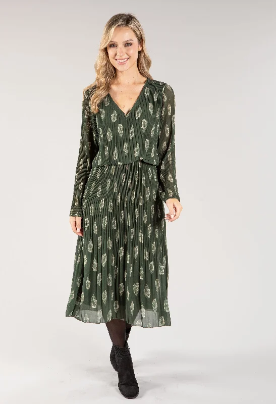 Stylish Women's Outerwear Apparel Ride The Style Wave Leaf Print Plisse Pleated Dress