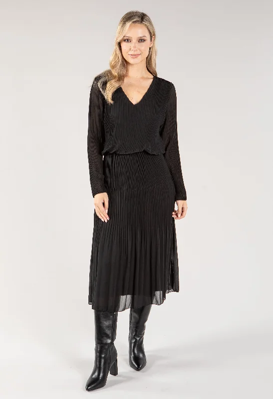 Women's Contemporary Clothing On-Trend Fashion Offers Plisse Pleated Long Sleeve Pop Over Dress