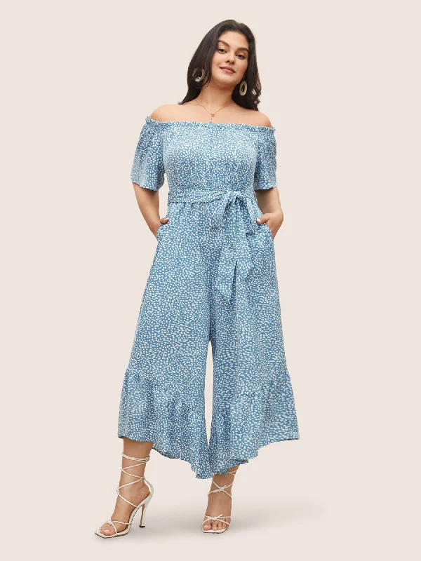 Women's Weekend Outfit Special Offer Polka Dot Off Shoulder Ruffles Belted Jumpsuit