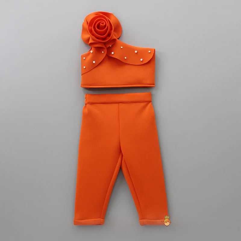 Women's Holiday Apparel Cozy Chic Promotions Orange Rose One Shoulder Crop Top and Matching Pant