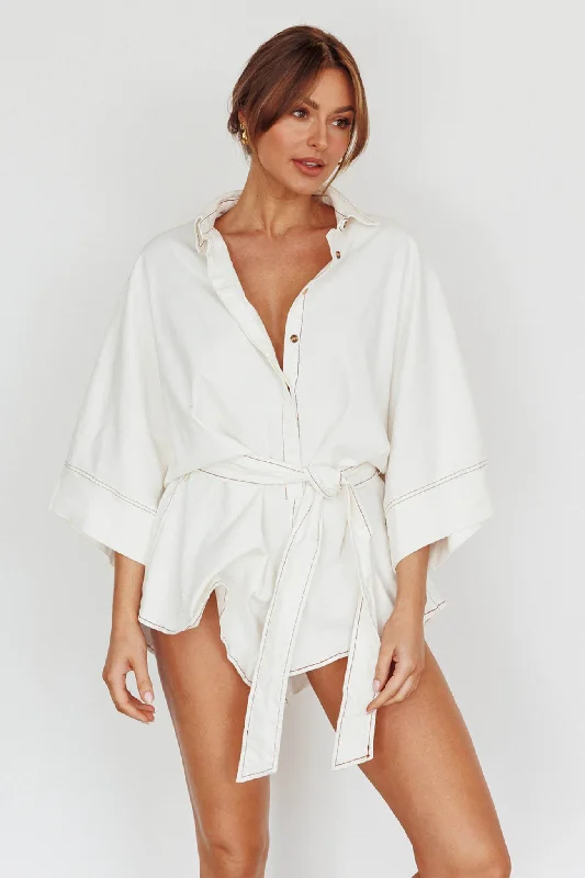 Women's Formal Event Attire Sporty Fashion Offers Daytona Beach Long Sleeve Shirt Romper White