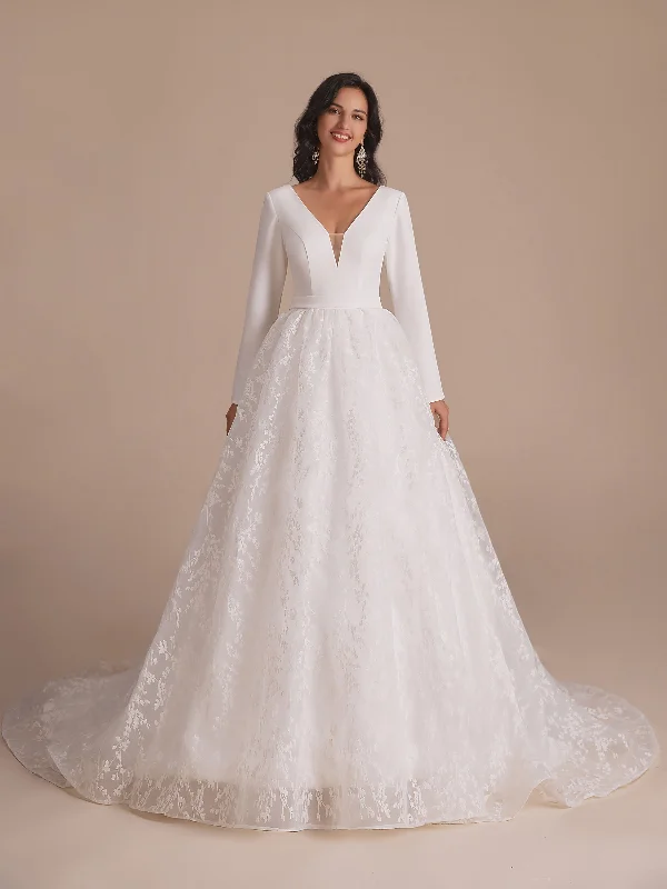 Modern Women's Attire Quick Grab Deals Long Sleeves V-neck A-line Backless Lace Wedding Dresses Online