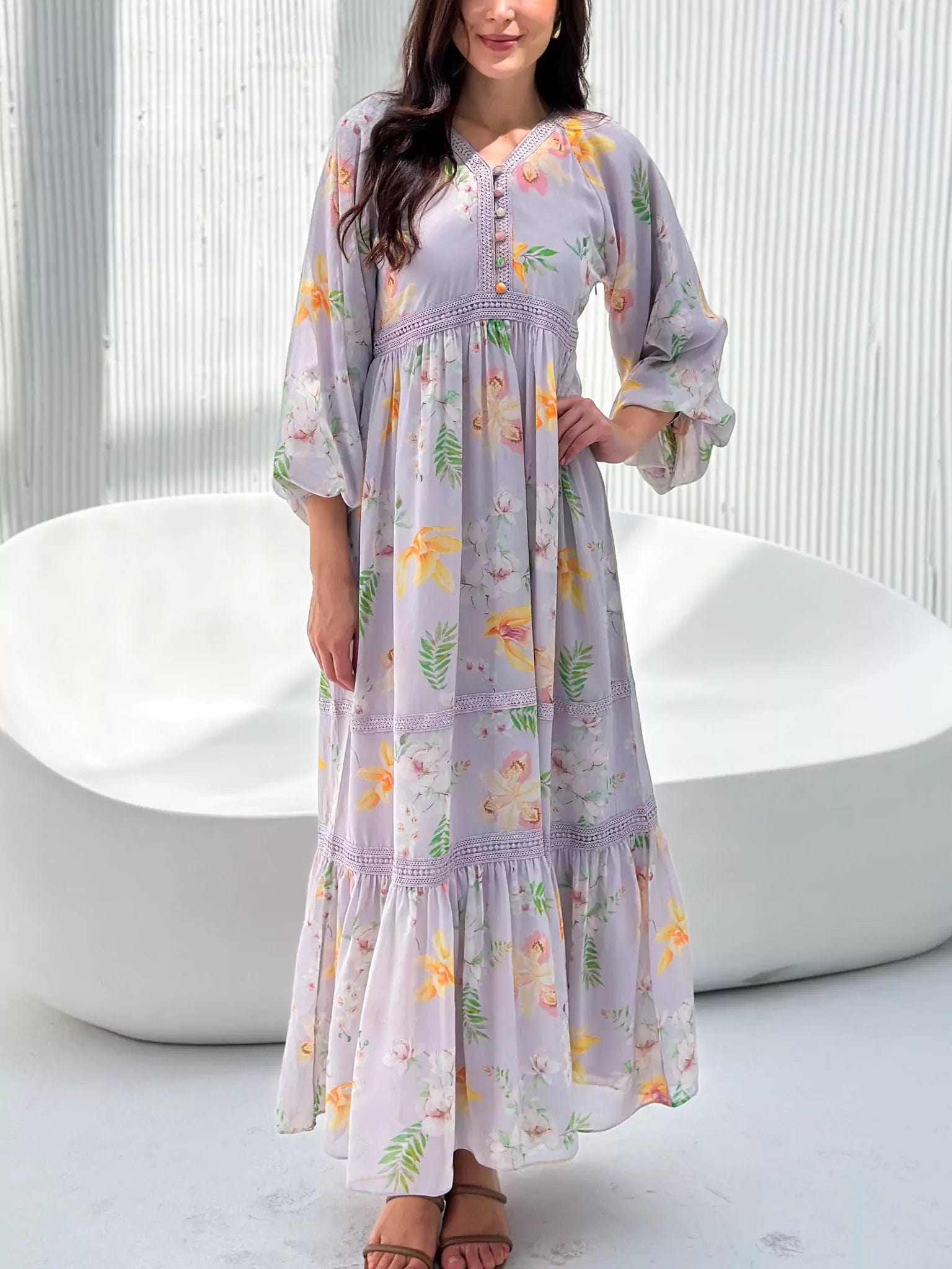 Women's Stylish Vacation Attire Exclusive Discount Veronica Lilac Floral Long Dress