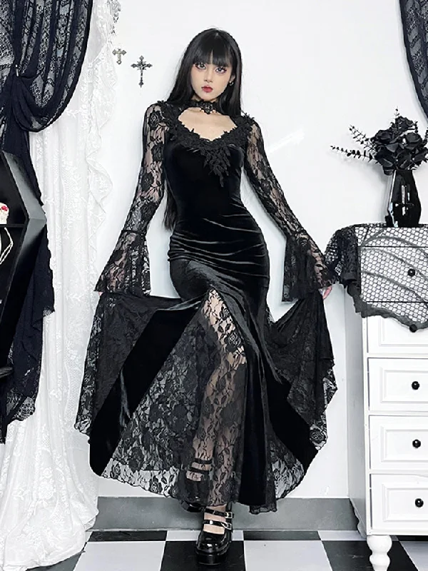 Women's Clothing And Garments Sets Vintage Style Deals Gothic Long Sleeve Lace Ruched Fishtail Bodycon Mermaid Cocktail Maxi Dress