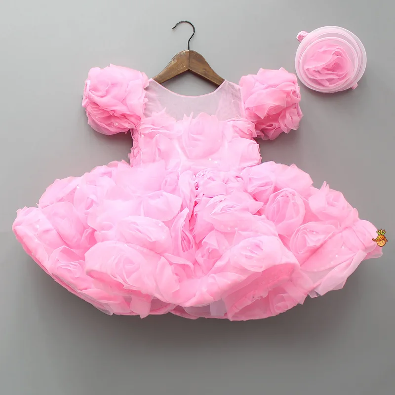 Women's Trendy Activewear Apparel Sustainable Fashion Extravaganza Frilly Pink Dress With Detachable Bow And Matching Swirled Headbow