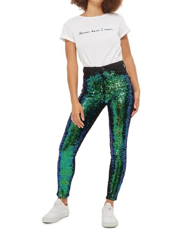 Women's Seasonal Garments Browse Our Top Products Jamie Moto Mermaid Sequin Front Skinny Jeans In Black/green